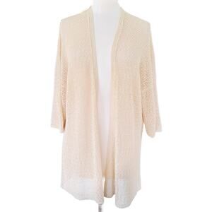 EILEEN FISHER Cream Natural Open Knit Long Cardigan Sweater Medium 3/4 Sleeve